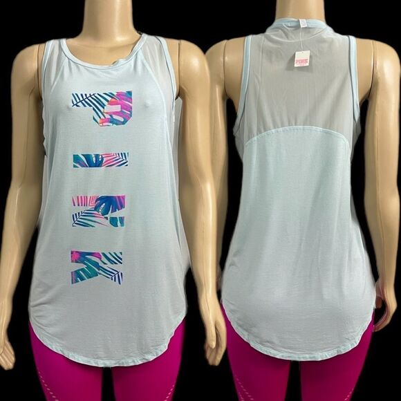 Victoria’s Secret Pink Supersoft Modal with Mesh Pink Logo Tank Top Blue Large - Picture 1 of 4